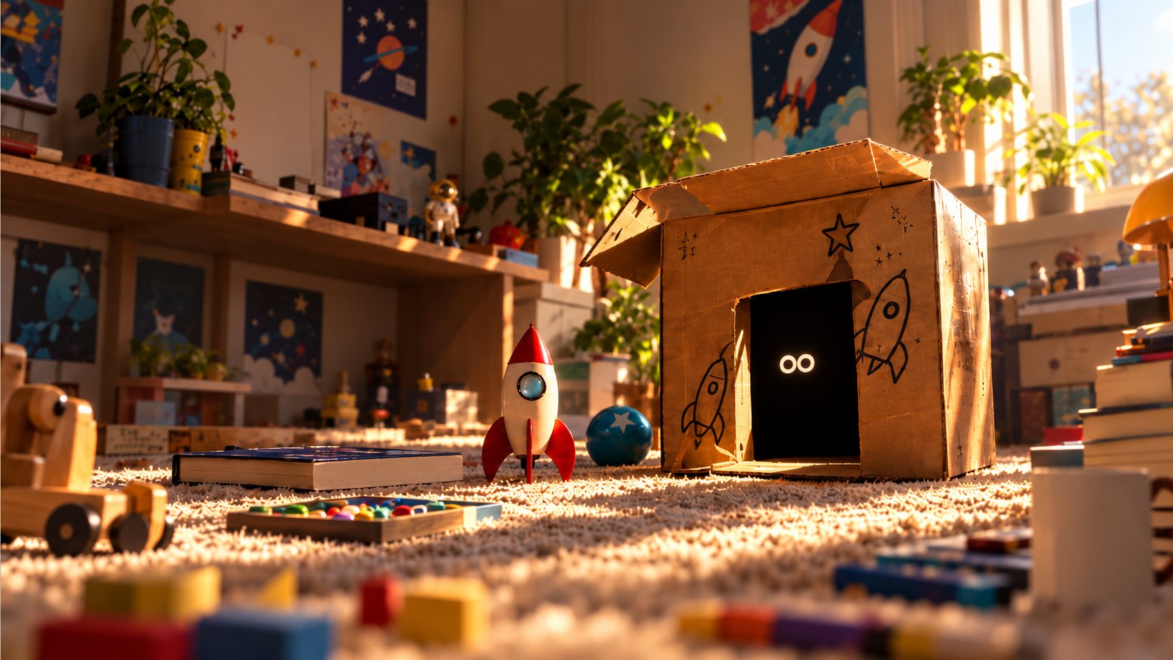 A sunny playroom: a cardboard house with rockets drawn on it and two glowing eyes in its dark doorway, a red and white toy rocket, plants and shelves full of toys.